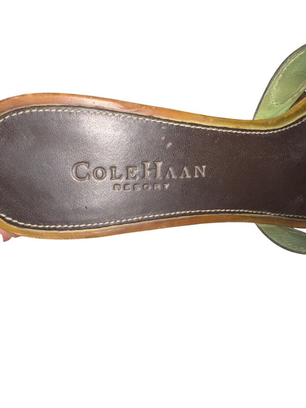 Cole Haan Resort Olive Green Leather Heeled Narrow Sandals Womens 7.5 AA Slip On - Picture 3 of 7